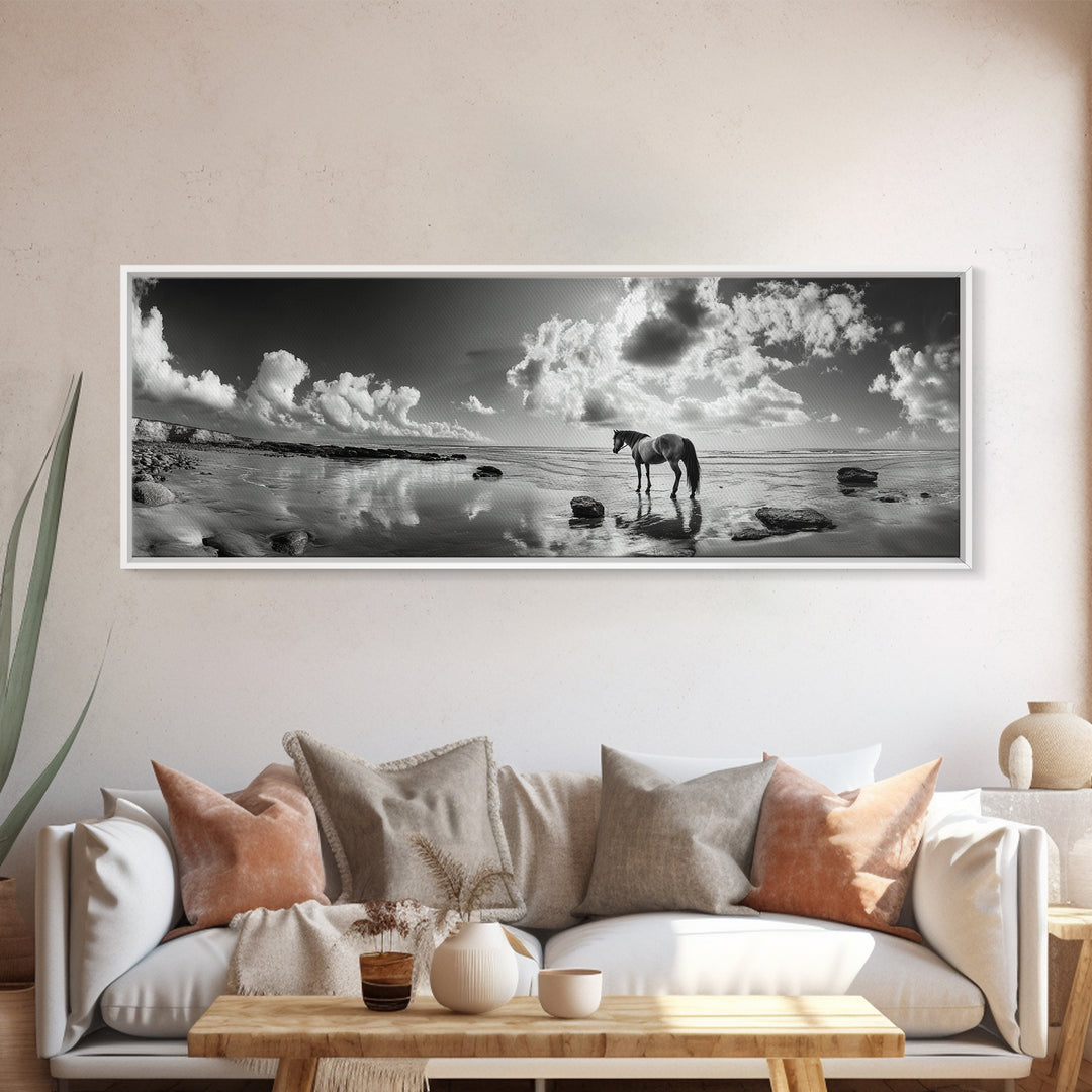 Beach Horse Reflection, Coastal Freedom, Wild Spirit Scene, Framed Canvas Print, Western Bathroom Art, Minimalist Beach House Decor