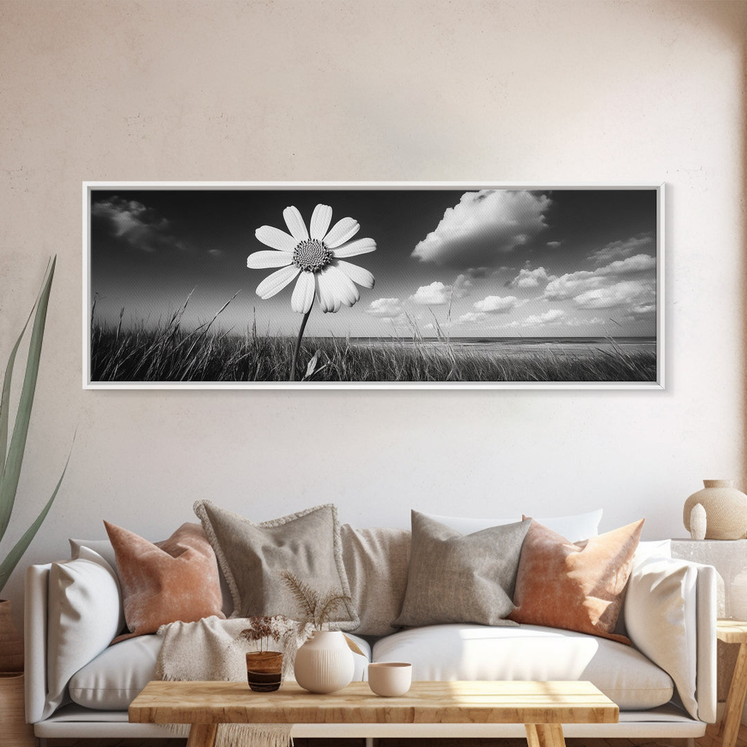 Daisy Flower, Single Bloom, Coastal Breeze, Minimal Wall Decor, Framed Canvas Print, Boho Bedroom Art, Nature Inspired Photography