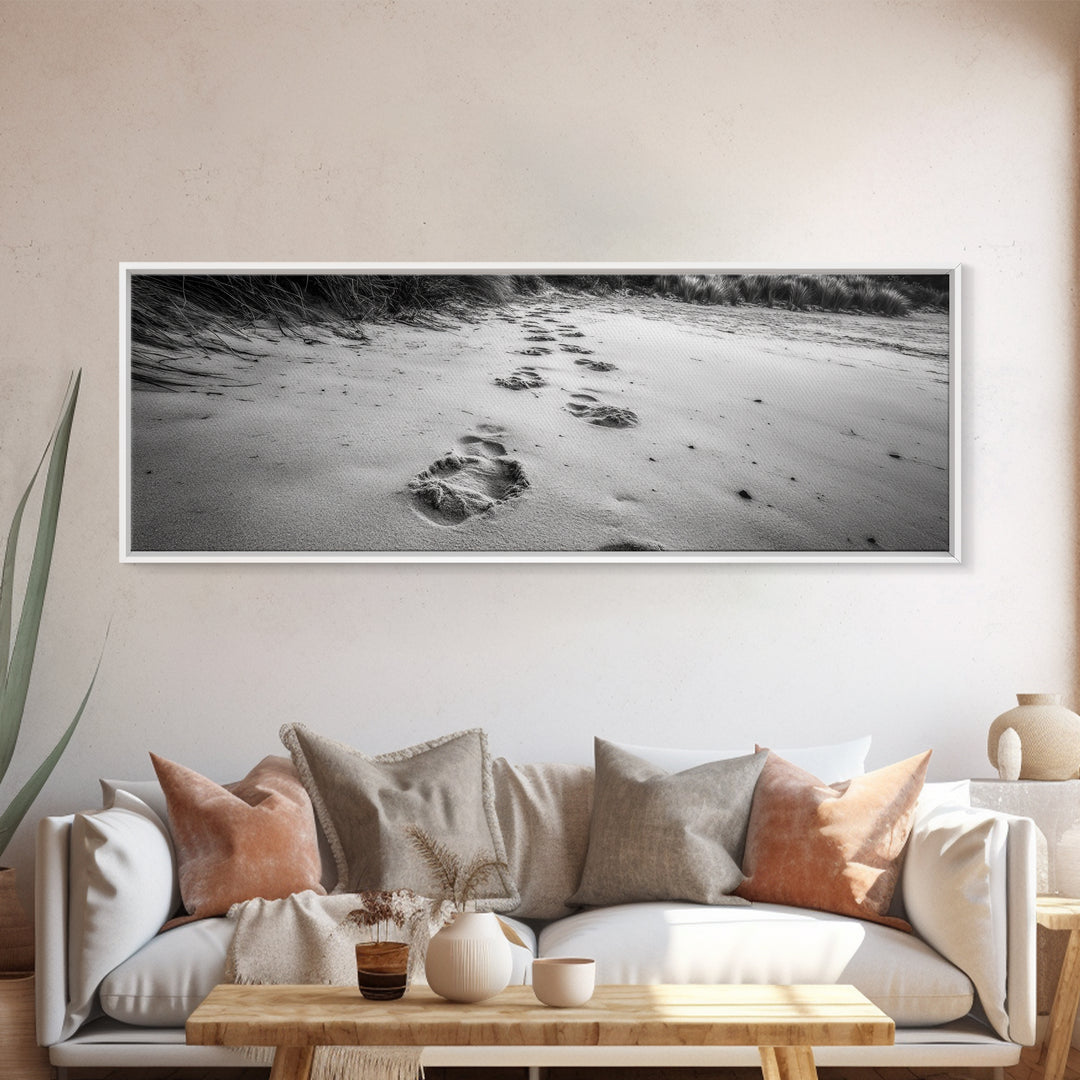 Beach Footprints, Sandy Path, Seaside Steps, Reflective Moment, Canvas Print, Minimalist Bathroom Wall Art, Tranquil Coastal Decor
