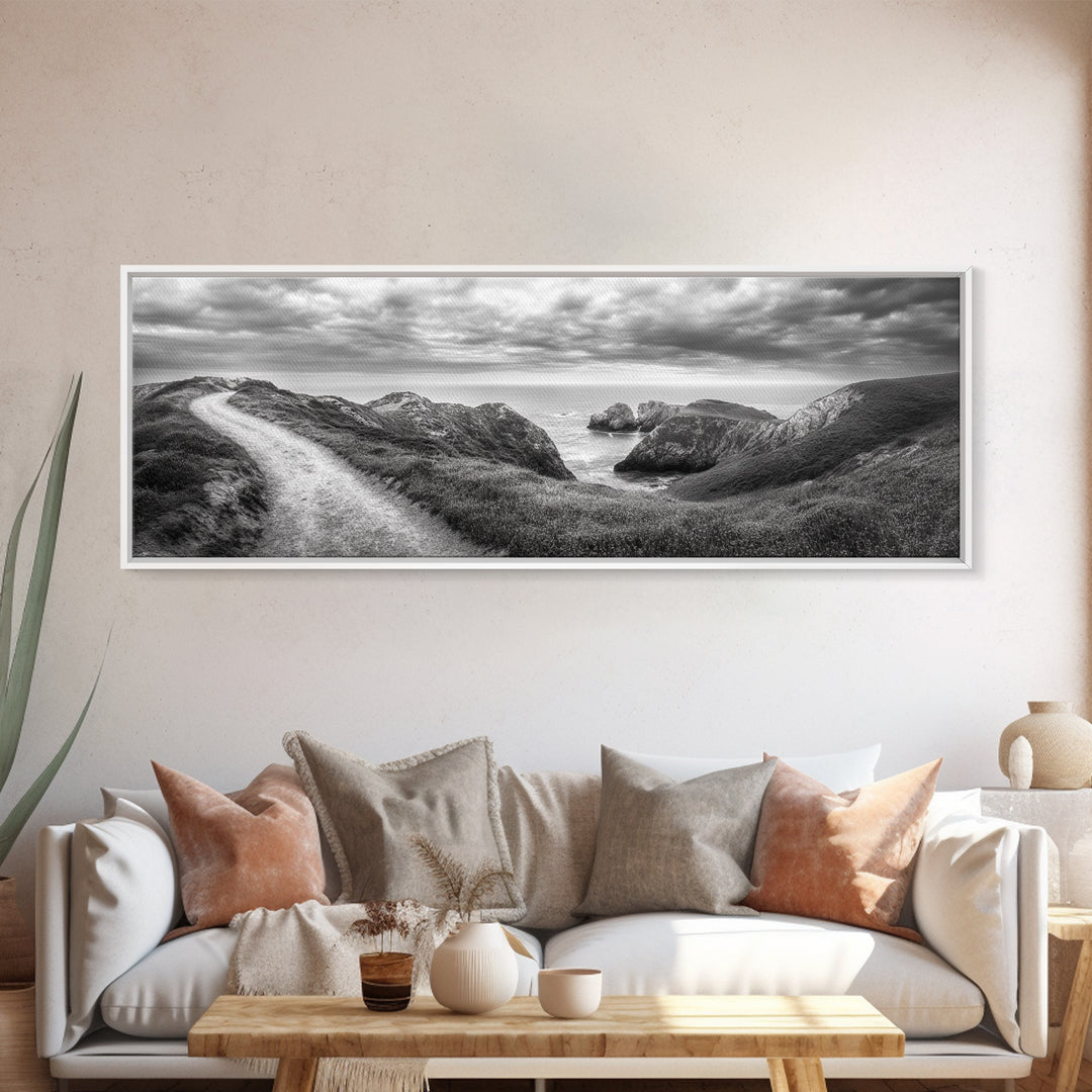 Cliff Path, Sea Escape, Moody Sky, Adventure Trail, Canvas Print, Modern Entryway Wall Art, Travel Photography, Nature Scene