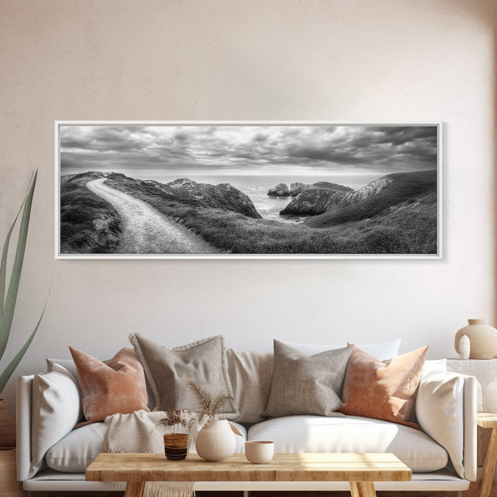Cliff Path, Sea Escape, Moody Sky, Adventure Trail, Canvas Print, Modern Entryway Wall Art, Travel Photography, Nature Scene