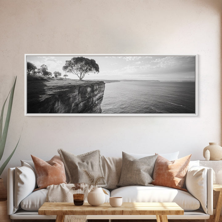 Coastal Cliff Tree, Ocean Horizon, Nature Photography, Framed Canvas Print, Minimalist Wall Art, Living Room Decor, Modern Landscape