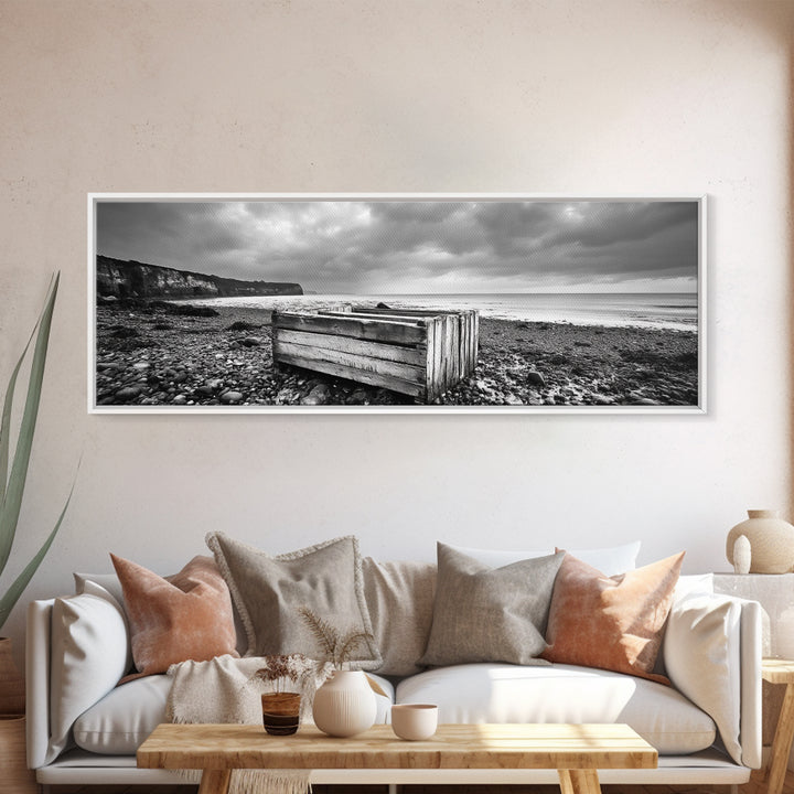 Rocky Beach, Driftwood Crate, Stormy Sky Seascape, Framed Canvas Print, Coastal Rustic Decor, Bathroom Wall Art, Monochrome Style