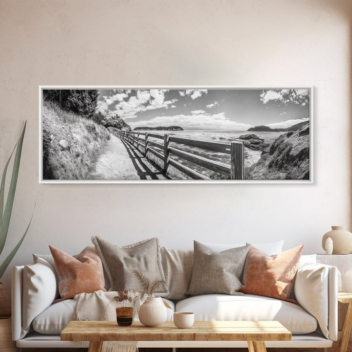 Coastal Fence Path, Island View, Ocean Trail, Framed Canvas Print, Bright Scenic Art, Living Room Decor, Seaside Landscape Vibe