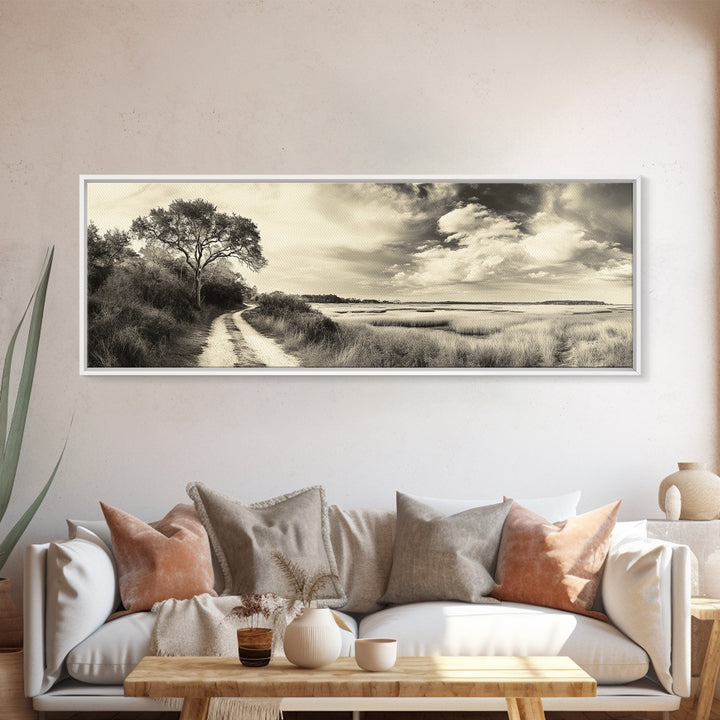 Country Road, Marshland Meadow, Lone Tree Landscape, Framed Canvas Print, Rustic Fall Wall Art, Entryway Decor, Neutral Nature Style