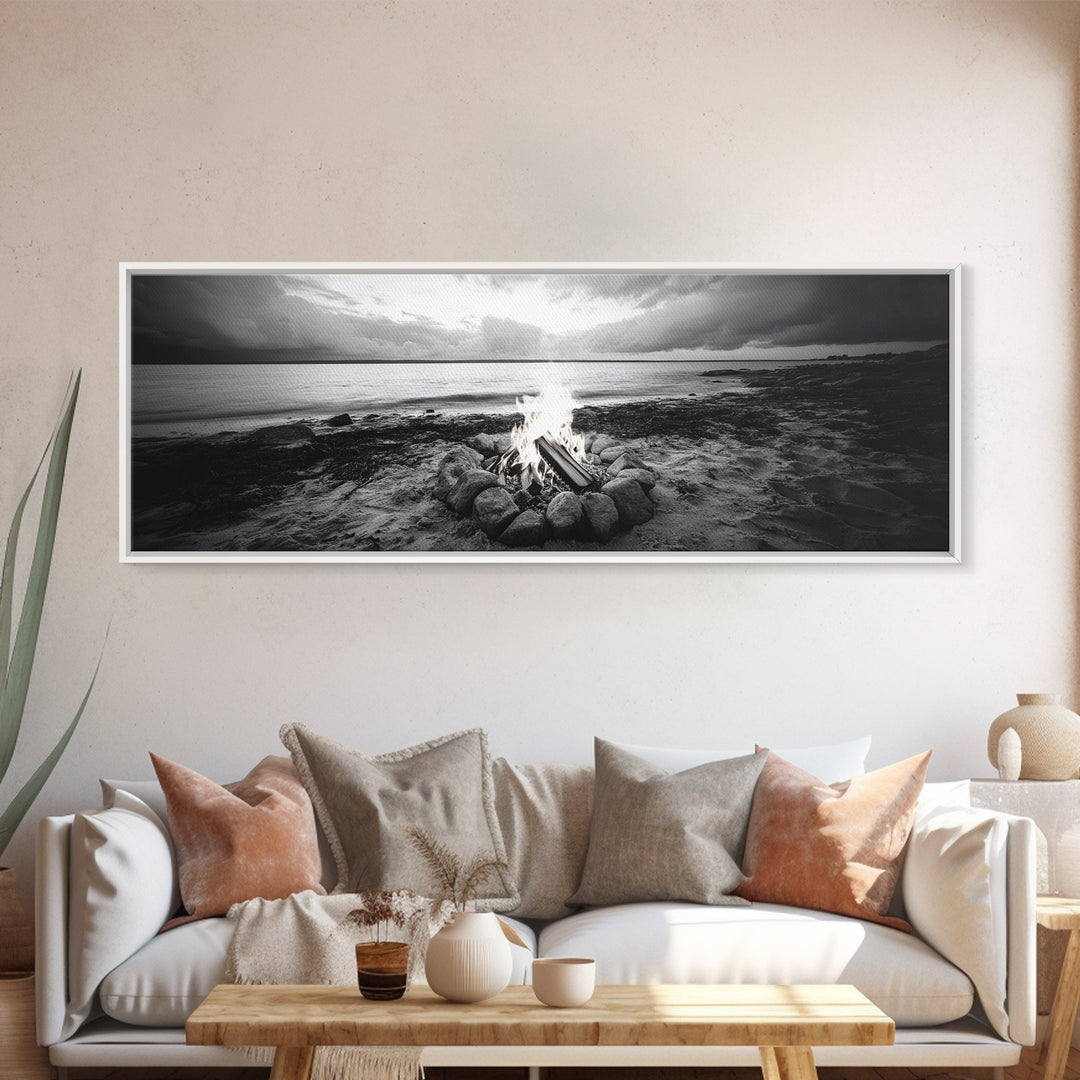 Campfire Circle, Shoreline Fire, Beach Rocks, Autumn Mood, Canvas Print, rustic Fall art, outdoor living decor, lakeside art, coastal art