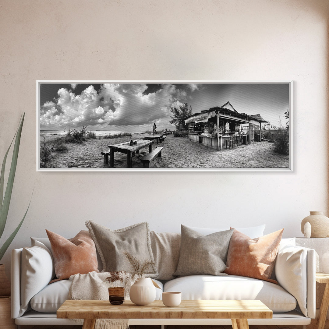 Beachside Bar Scene, Rustic Cafe, Ocean Picnic, Cloudy Sky, Framed Canvas Print, Coastal Kitchen Wall Art, Boho Bar Decor