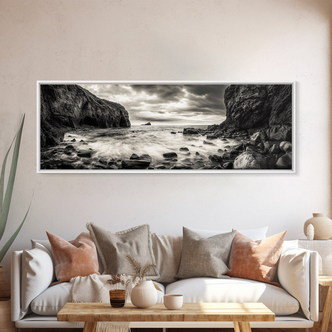 Rocky Shore Escape, Ocean Cliffside, Wild Coast, Moody Sky, Framed Canvas Print, Modern Bathroom Art, Nature Lover Decor