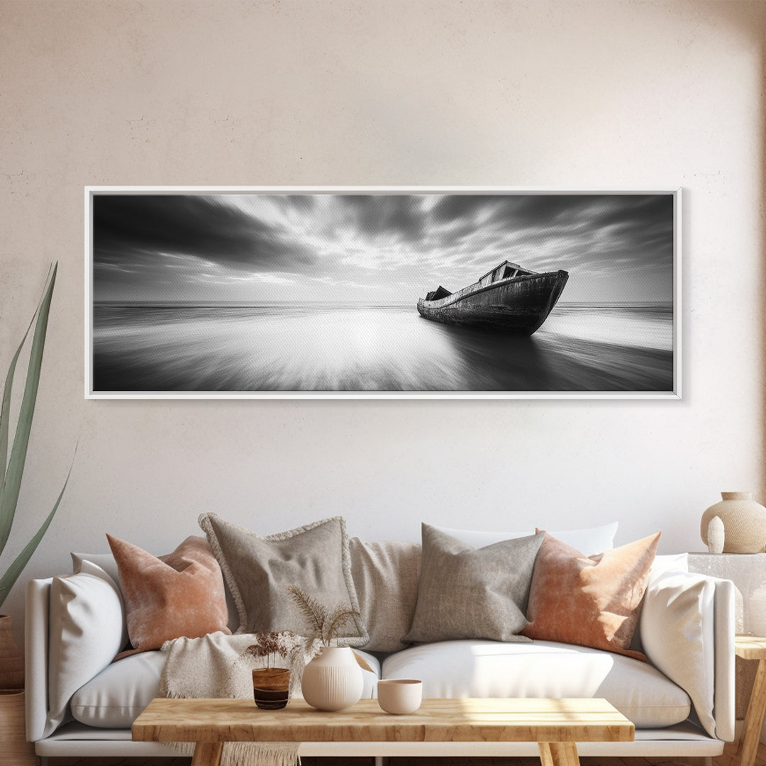 Abandoned Shipwreck, Ocean Ghost Boat, Moody Horizon, Dramatic Sky, Framed Canvas Print, Dark Nautical Art, Hallway Statement Piece