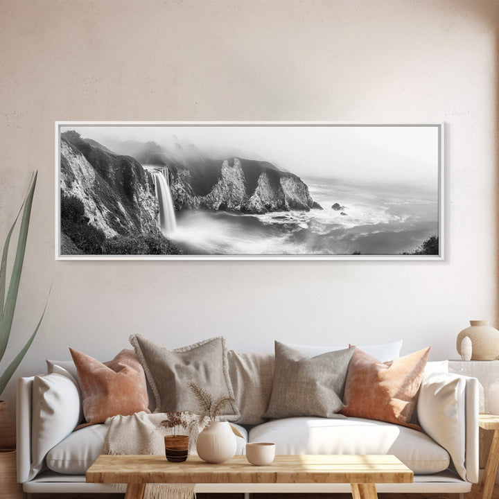 Cliffside Waterfall Coast, Misty Ocean Falls, Dramatic Drop, Nature Power, Framed Canvas Print, Scenic Landscape Wall Art, Spa Bathroom Decor
