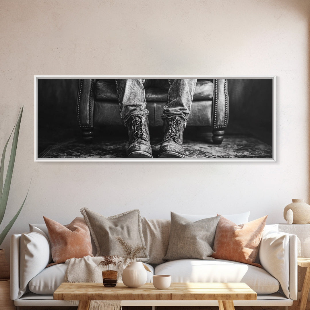 Cowboy Boots Closeup, Rustic Chair, Leather Details, Western Life, Framed Canvas Print, Masculine Office Wall Art, Farmhouse Style