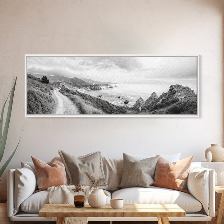 Coastal Trail View, Mountain Seascape, Minimalist Beach Path, Framed Canvas Print, Serene Landscape, Living Room Wall Art, Nature Decor