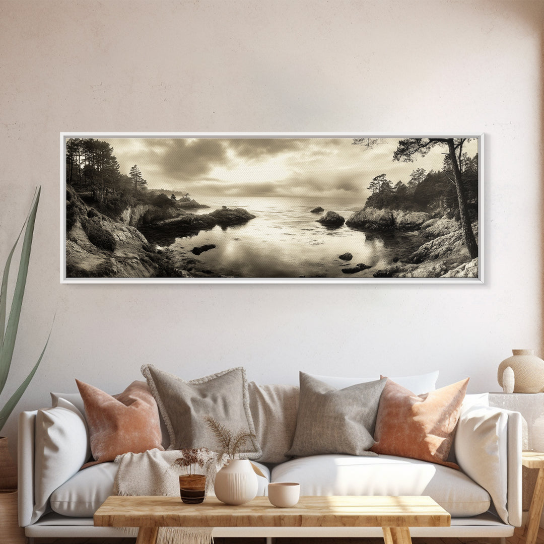 Hidden Cove Sunset, Rocky Seascape, Coastal Tranquility, Framed Canvas Print, Forest Edge, Moody Living Room Wall Art, Seaside Escape