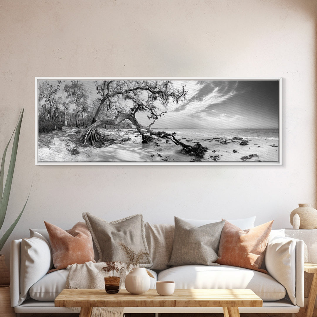 Bending Tree Beach, Windswept Coastal Scene, Dune Forest, Canvas Print, Monochrome Minimalist Art, Boho Bedroom Decor, Ocean Tones