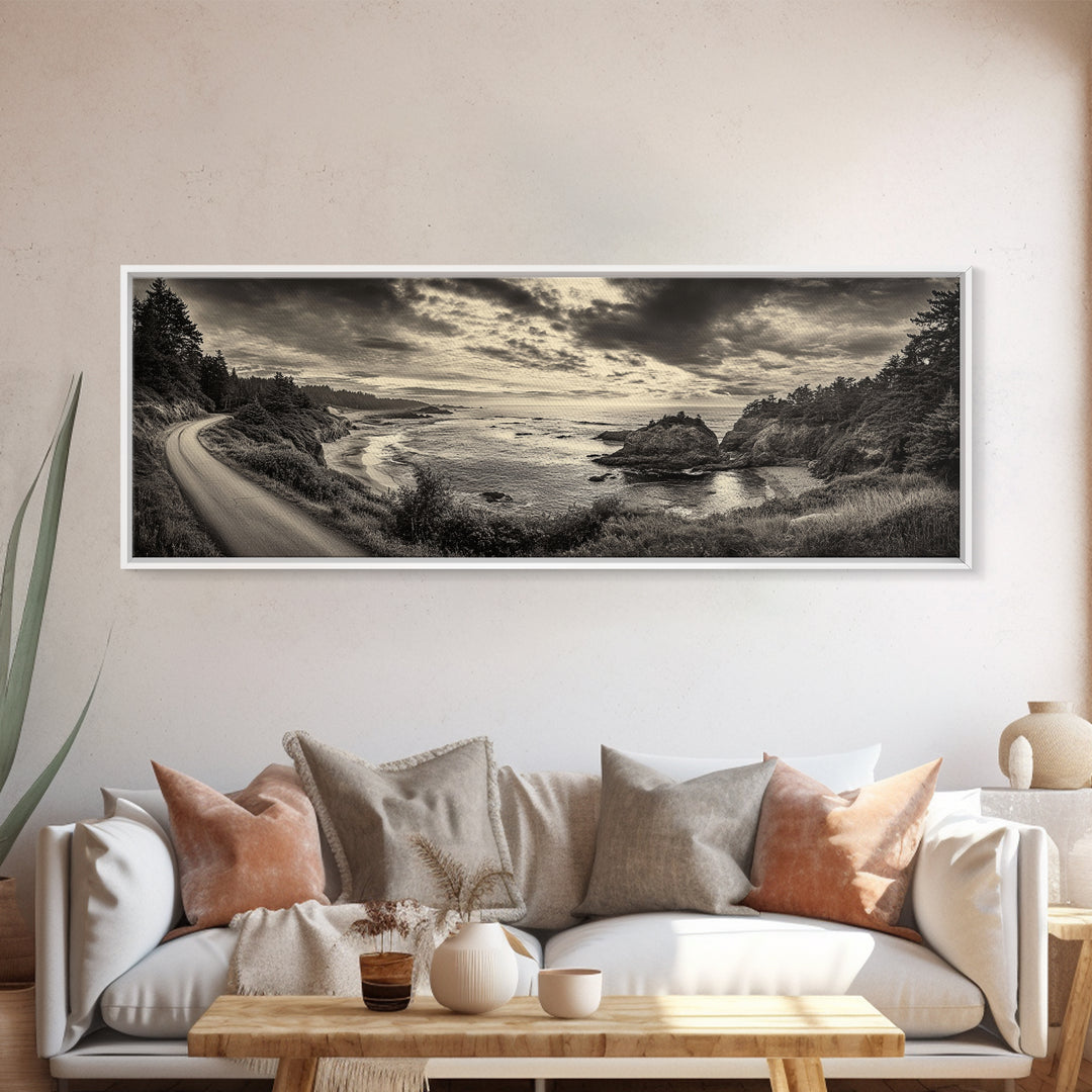 Coastal Road, Ocean Sunset, Rocky Shoreline, Framed Canvas Print, Moody Landscape Photography, Living Room Wall Art, Rustic Nature Decor