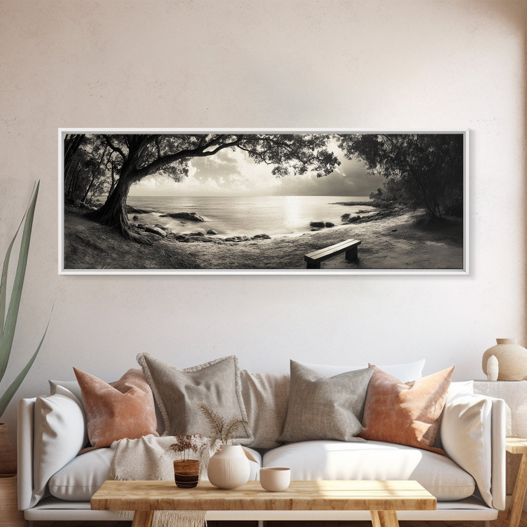 Serene Bench, Ocean View, Tropical Shoreline, Framed Canvas Print, Tranquil Beach Art, Entryway Decor, Nature Photography Wall Art