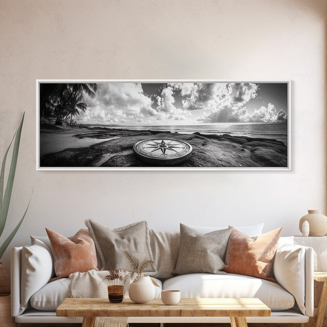 Compass Rose, Ocean Horizon, Palm Trees, Canvas Print, Nautical Beach Art, Boho Living Room Wall Art, Black and White Coastal Decor