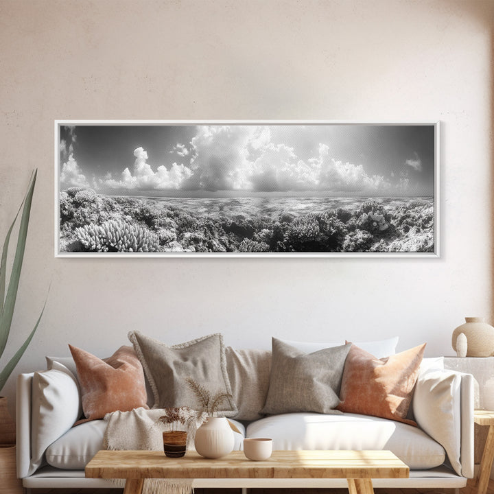 Coral Reef, Ocean Horizon, Cloudscape, Canvas Print, Underwater Nature Photography, Bathroom Wall Art, Marine Coastal Decor
