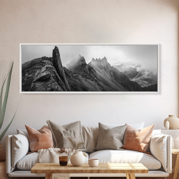 Jagged Peaks, Foggy Mountains, Dramatic Range, Canvas Print, Monochrome Wilderness Art, Office or Cabin Wall Decor, Adventure Style