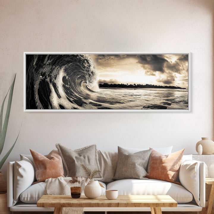 Barrel Wave, Tropical Storm, Surfer’s Dream, Framed Canvas Print, Ocean Power Wall Art, Coastal Living Room Photography Decor