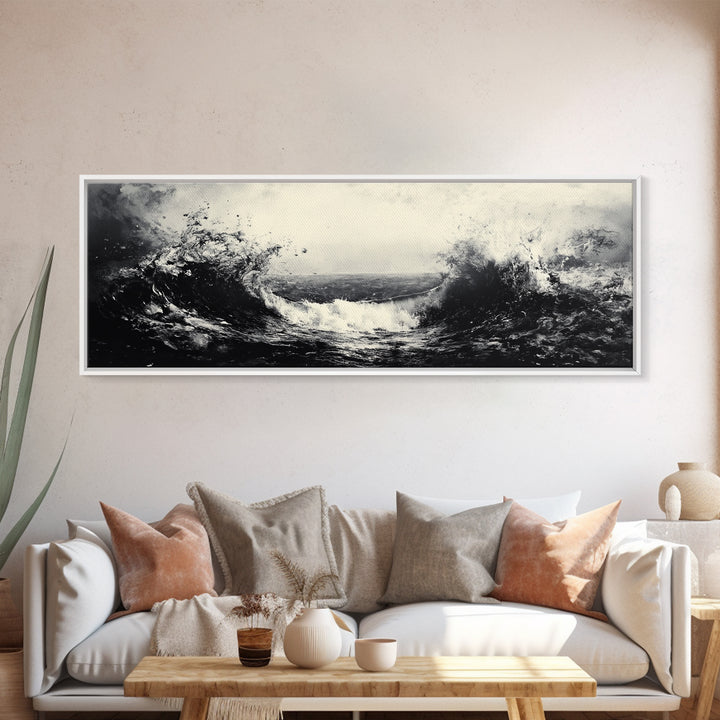 Crashing Waves, Stormy Ocean, Monochrome Surf, Canvas Print, Abstract Seascape Art, Moody Bathroom Decor, Black and White Art Style