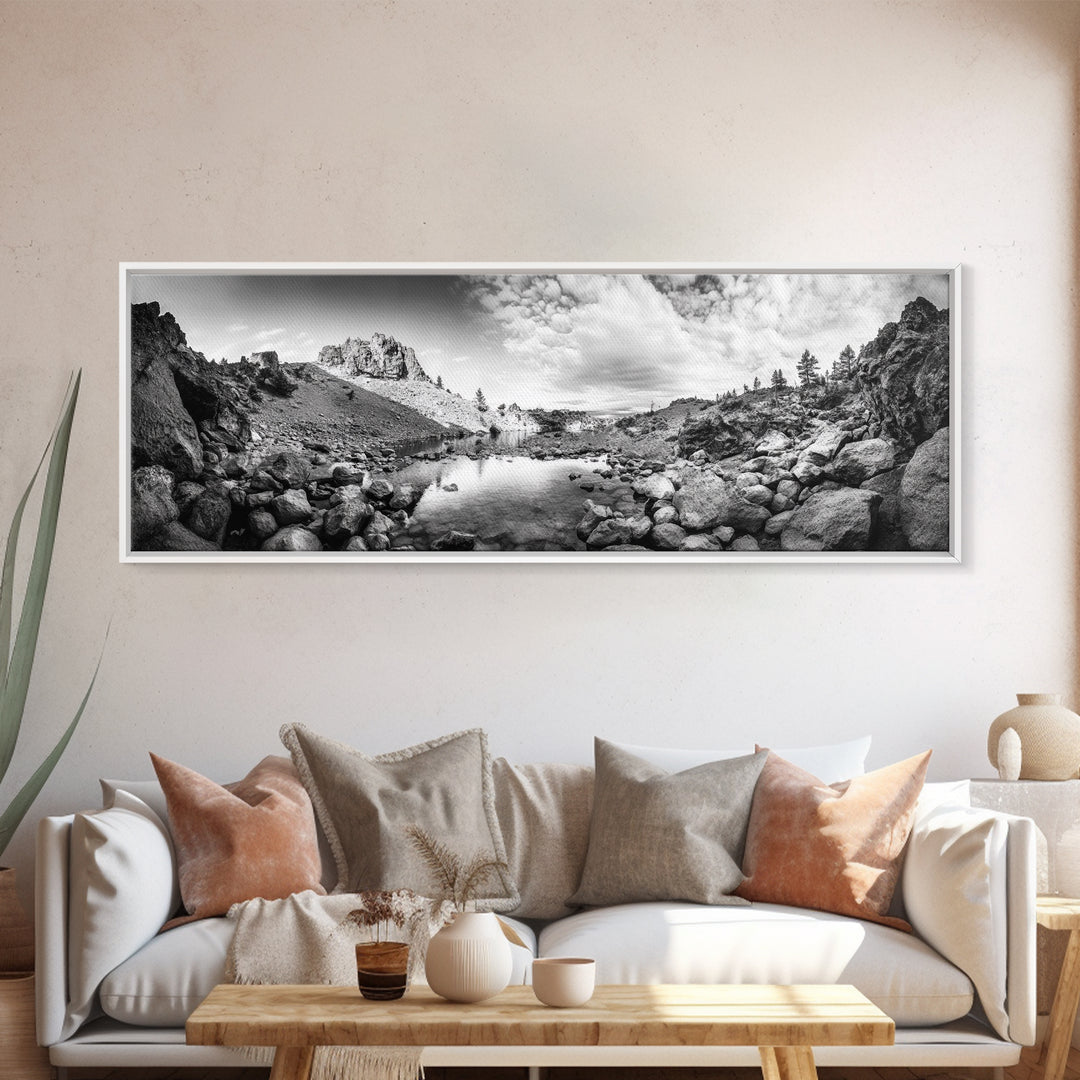 Rocky Lake, Wilderness Reflection, Mountain Calm, Framed Canvas Print, Cabin Nature Wall Art, Rustic Home Decor, Adventure Photography