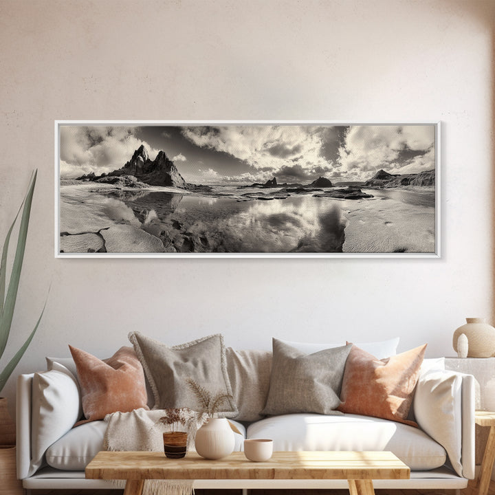 Coastal Rocks, Ocean Reflection, Dramatic Sky, Framed Canvas Print, Beach Landscape Photography, Fall Living Room Wall Art