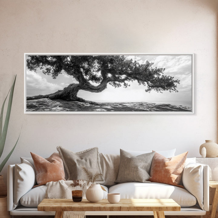 Bending Tree, Windswept Landscape, Coastal Nature, Monochrome Art, Framed Canvas Print, Zen Wall Art, Minimalist Living Room Decor