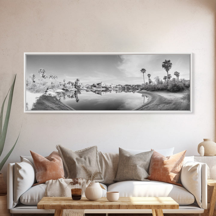Oasis Reflections, Palm Trees, Desert Scene, Infrared Art Print, Framed Canvas Print, Tropical Wall Art, Boho Bedroom Decor, Tranquil Style