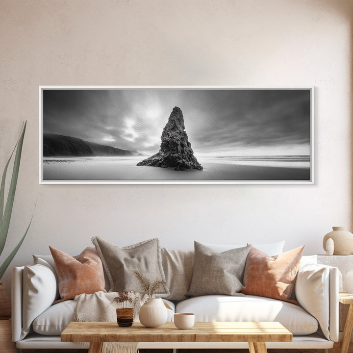 Coastal Monolith, Oregon Seascape, Moody Sky, Dramatic Beach, Framed Canvas Print, Coastal Wall Art, Modern Minimalist Decor