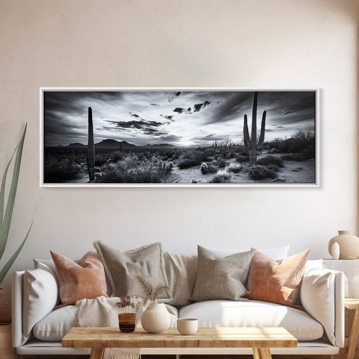 Desert Sunset, Cactus Silhouettes, Southwestern Landscape, Moody Sky Scene, Framed Canvas Print, Western Wall Art, Rustic Office Decor