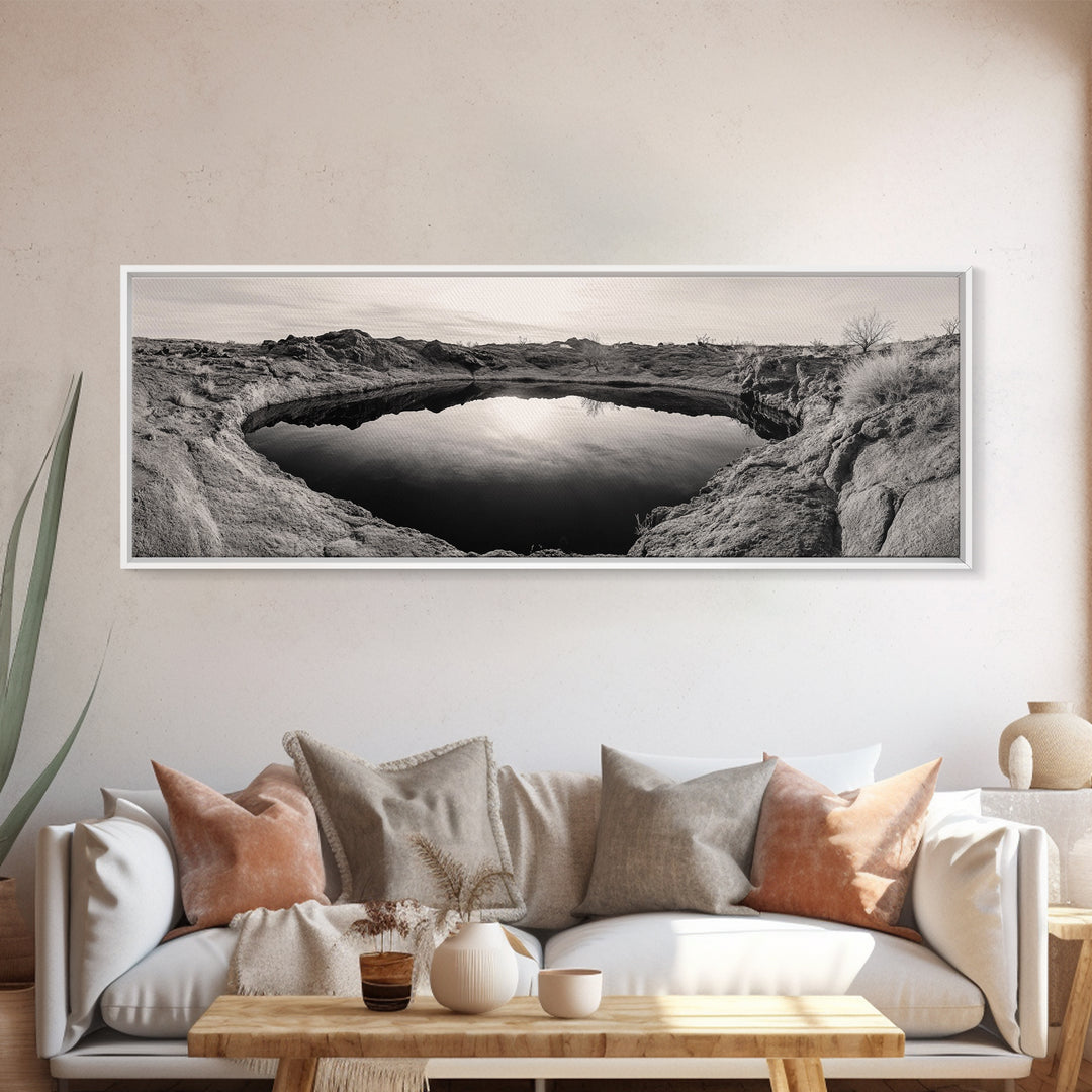 Desert Pool, Reflected Sky, Rugged Terrain, Monochrome Minimalism, Framed Canvas Print, Earthy Wall Art, Neutral Bedroom Decor
