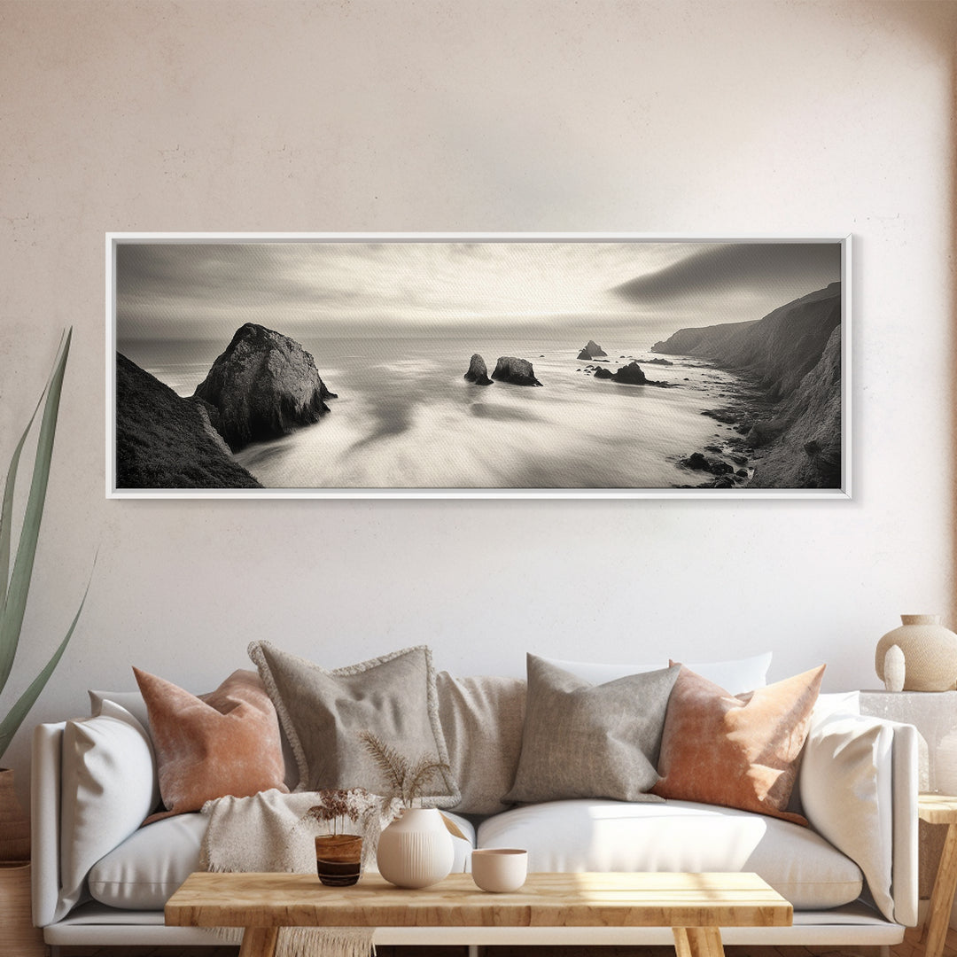 Rocky Coastline, Ocean Cliffs, Soft Waves, Long Exposure Landscape, Framed Canvas Print, Nautical Wall Art, Calm Living Room Decor