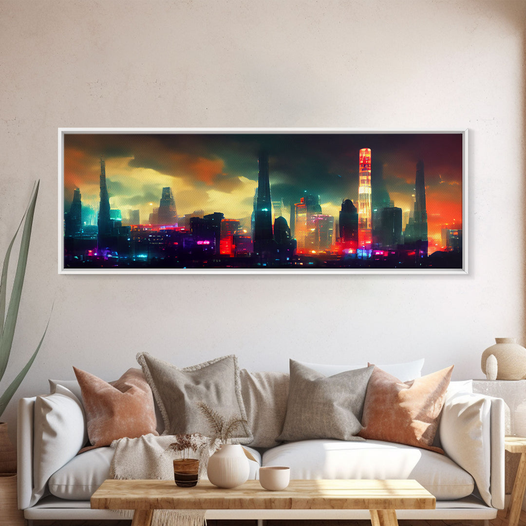 Cyber Punk Cityscape, Watercolor, Extra Large Wall Art, Framed Panoramic Canvas Print, Framed Wall Decor
