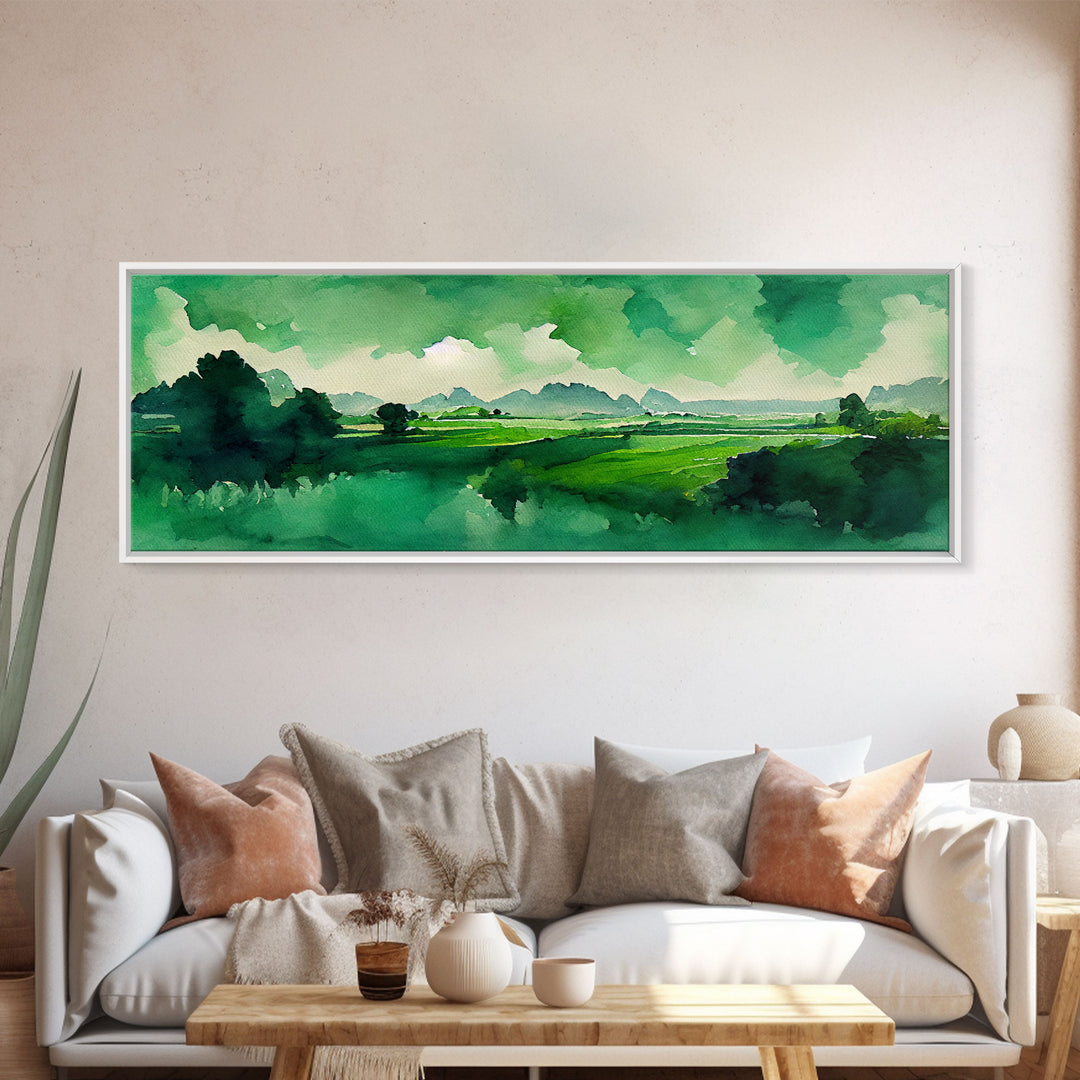 Watercolor Forest Landscape, Emerald Green, Extra Large Wall Art, Framed Panoramic Canvas Print, Framed Wall Decor