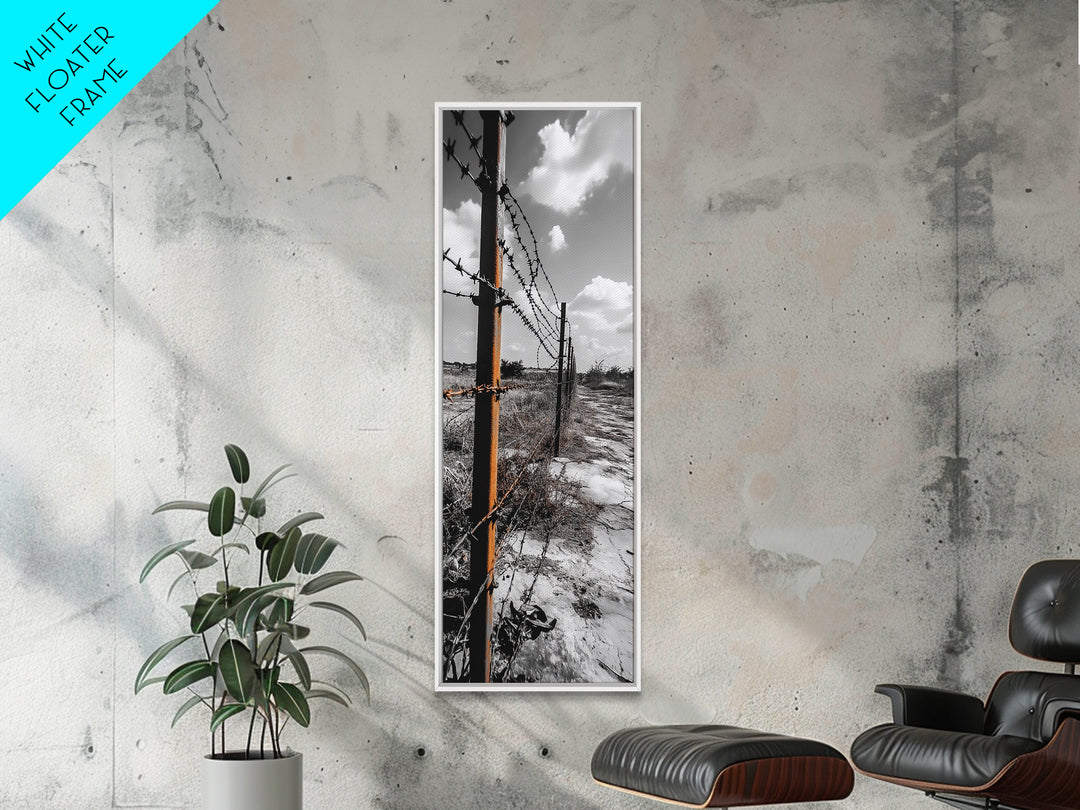 Rust Fence, Barbed Wire, Dramatic Sky, Framed Canvas Print, Abandoned Rural Art, Modern Industrial Decor, Grayscale Country Wall Art
