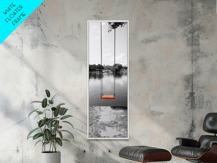 Swing Over Lake, Still Waters, Childhood Memories, Tranquil View – Canvas Print, Minimalist Wall Art, Kids Room Decor, Serene Black and White