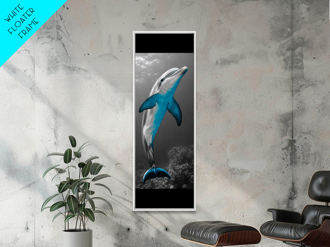 Blue Dolphin, Ocean Glow, Underwater Life, Sea Creature – Framed Canvas Print, Bathroom Wall Art, Coastal Decor, Marine Animal Art