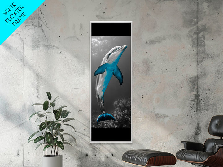 Blue Dolphin, Ocean Glow, Underwater Life, Sea Creature – Framed Canvas Print, Bathroom Wall Art, Coastal Decor, Marine Animal Art