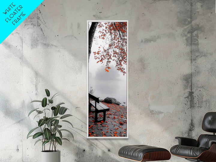 Autumn Leaves, Lakeside Bench, Quiet Moments, Foggy Morning, Framed Canvas Print, Cozy Fall Wall Art, Tranquil Living Room Decor