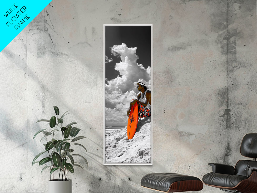 Surfer Beach Day, Orange Surfboard, Ocean Mood, Framed Canvas Print, Tropical Wall Art, Coastal Bedroom Decor, Modern Minimalist Style