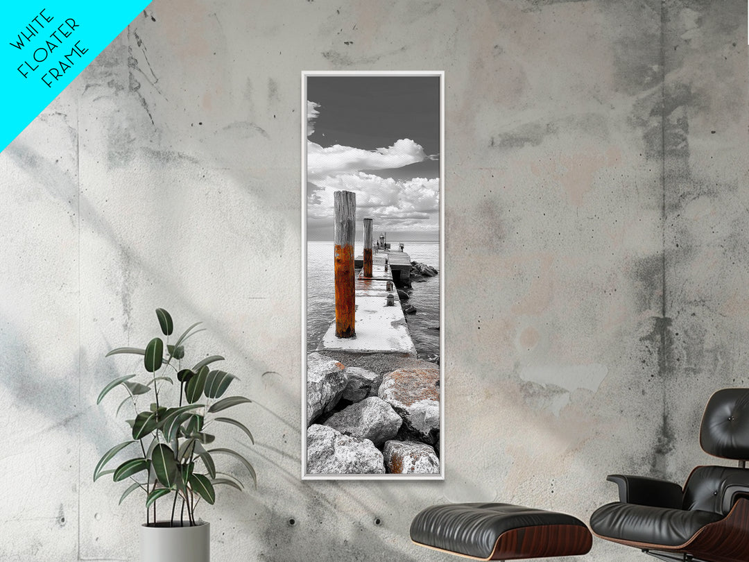 Ocean Dock Scene, Weathered Pier, Seaside Walkway, Framed Canvas Print, Nautical Art, Minimalist Ocean Photography, Coastal Wall Decor
