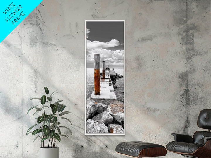 Ocean Dock Scene, Weathered Pier, Seaside Walkway, Framed Canvas Print, Nautical Art, Minimalist Ocean Photography, Coastal Wall Decor