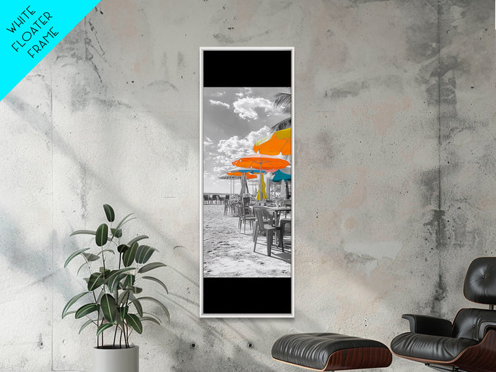 Beach Umbrellas, Seaside Dining, Summer Vibes, Framed Canvas Print, Tropical Kitchen Wall Art, Bright Coastal Decor, Boho Summer Style