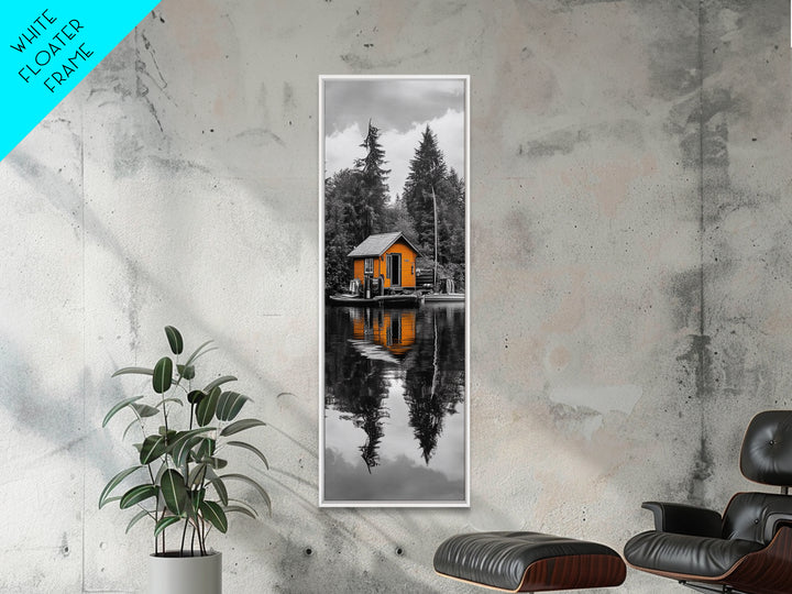 Lake Cabin, Reflection Serenity, Forest Escape, Framed Canvas Print, Nature Wall Art, Rustic Lodge Decor, Cabin Living Room Inspiration