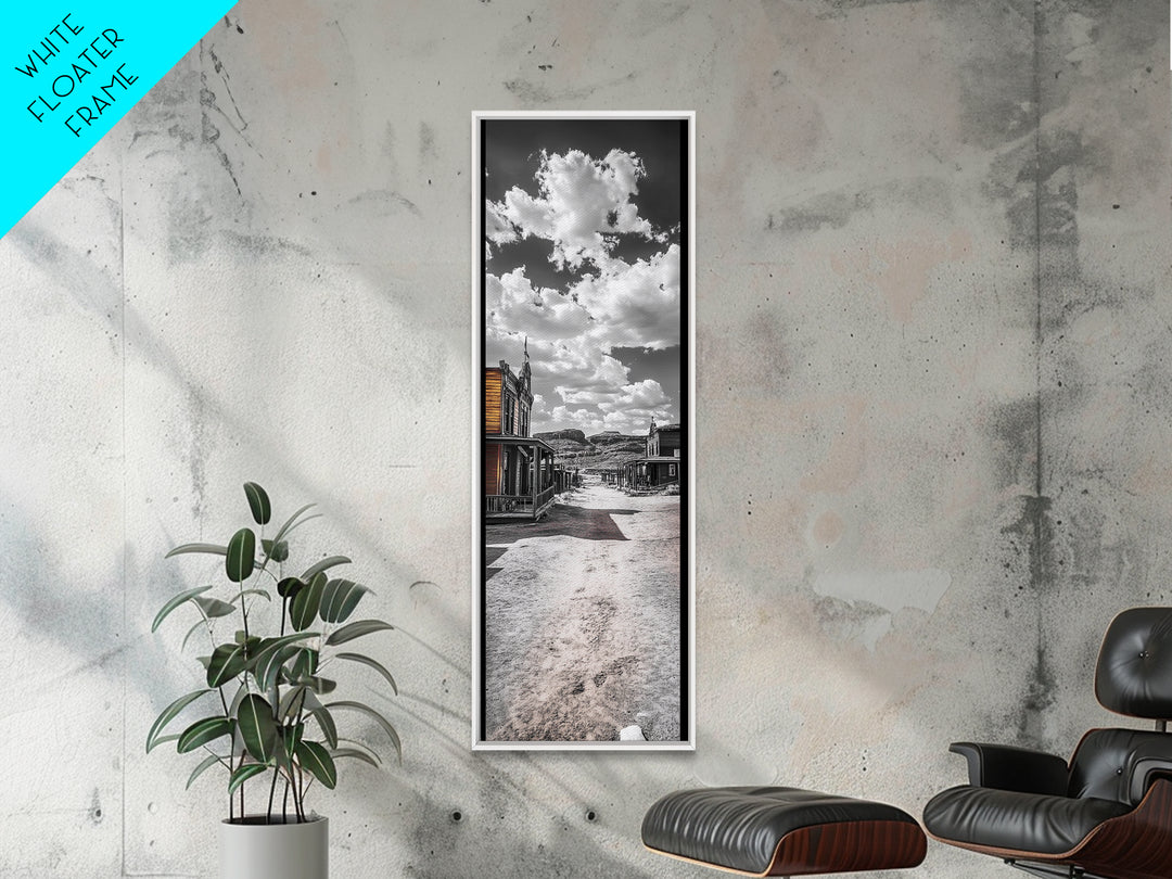 Desert Street, Western Town, Cloudy Skies, Frontier Road, Framed Canvas Print, Rustic Wall Art, Western Style Decor, Saloon Theme