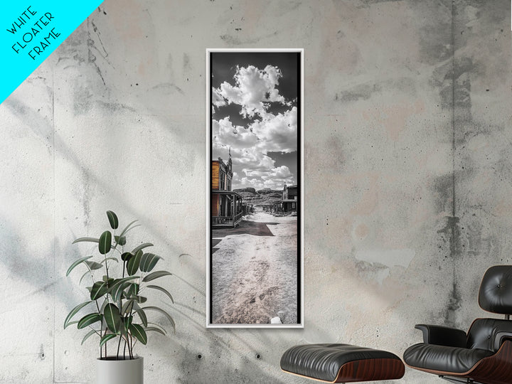 Desert Street, Western Town, Cloudy Skies, Frontier Road, Framed Canvas Print, Rustic Wall Art, Western Style Decor, Saloon Theme