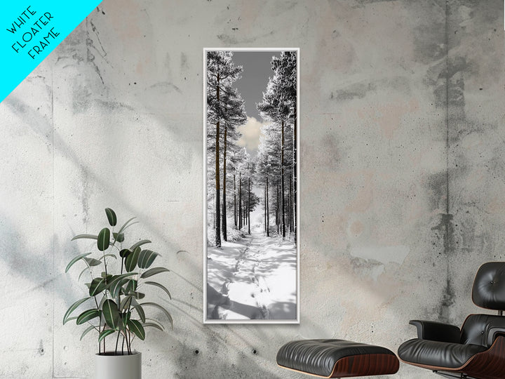 Snow Path, Winter Forest, Frosty Pines, Silent Trail, Framed Canvas Print, Christmas Wall Art, Cabin Decor, Nordic Winter Scene
