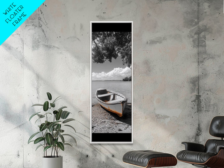 Rustic Rowboat, Tranquil Shore, Coastal Serenity, Vintage Lake Style, Canvas Print, Living Room Wall Art, Monochrome Nature Photography
