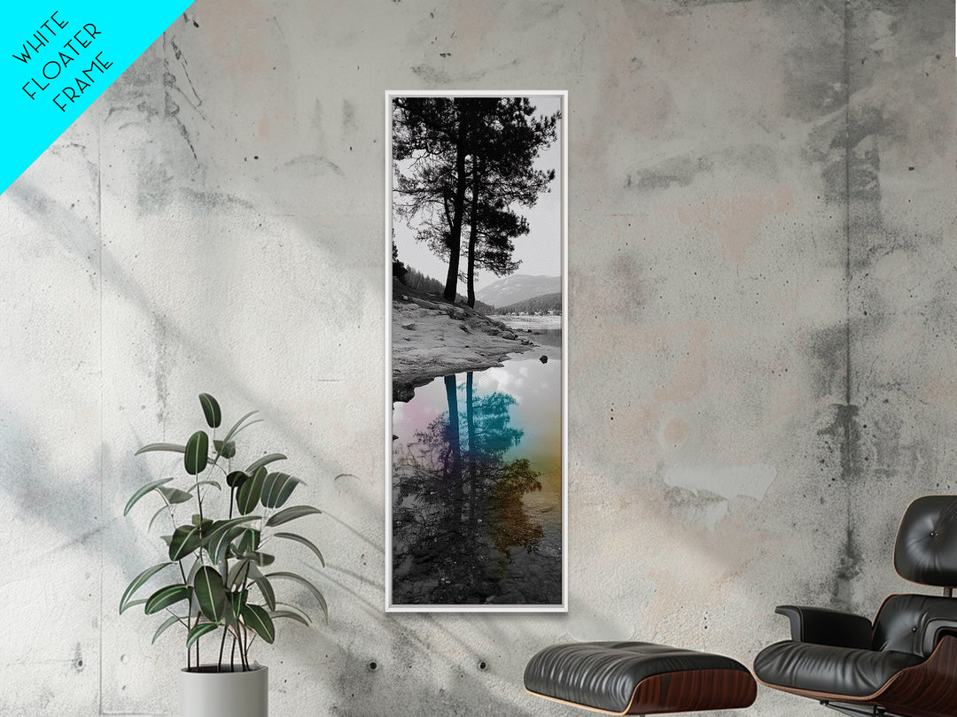 Tree Reflection, Moody Landscape, Nature Serenity, Rainbow Water, Framed Canvas Print, Boho Style, Bedroom Wall Art, Artistic Calm